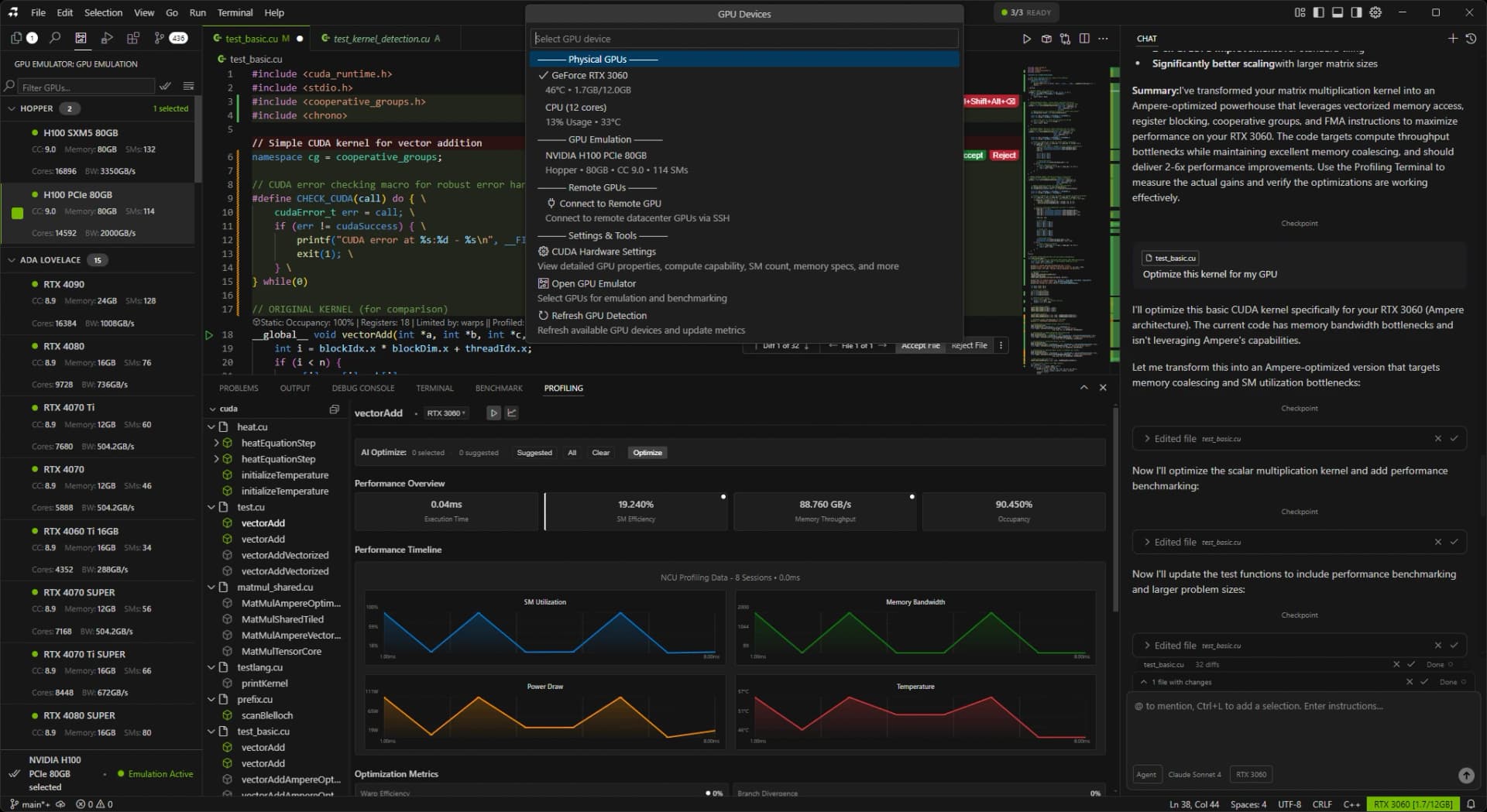 RightNow AI Code Editor - GPU Selector View